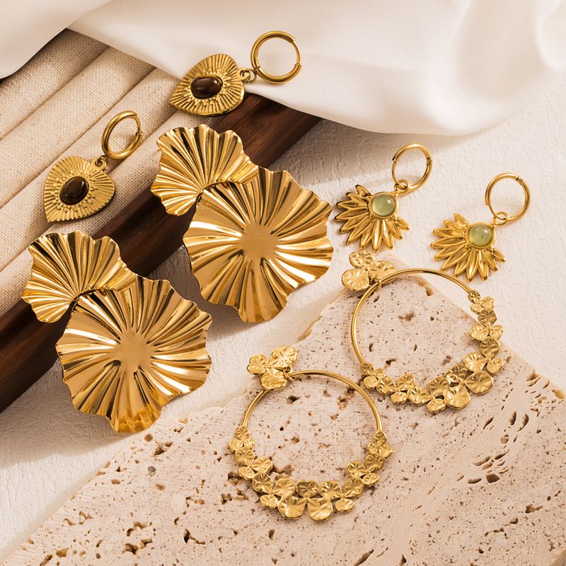 1 Pair Casual Heart Shape Flower Plating Inlay Stainless Steel Natural Stone 18k Gold Plated Drop Earrings