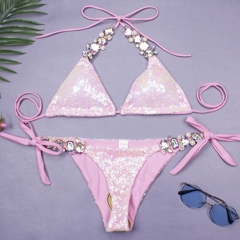 Women's Solid Color Sequins 2 Piece Set Bikinis