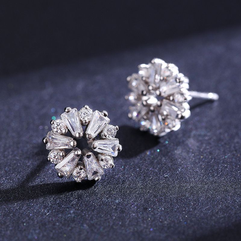 1 Paire Brillant Flocon De Neige Argent Sterling Placage Incruster Zircon Plaqué Rhodium Boucles D'oreilles