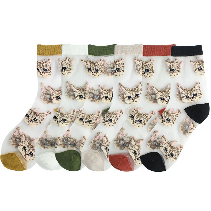 Women's Cute Cat Acetate Fibre Embroidery Crew Socks A Pair