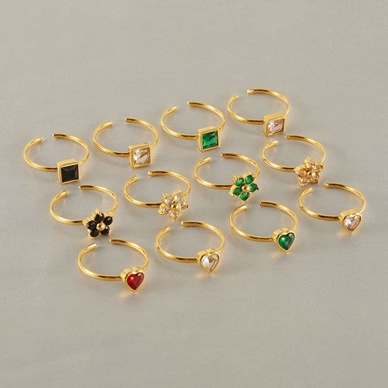 Stainless Steel 18K Gold Plated Casual Cute Plating Inlay Square Heart Shape Flower Zircon Open Ring