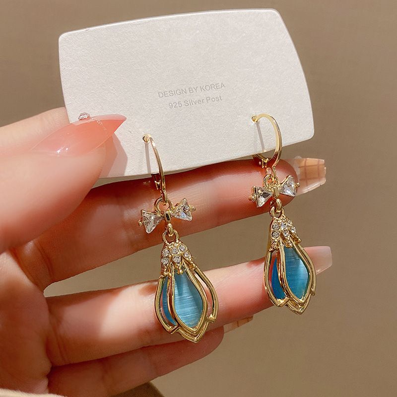 Sweet Korean Style Flower Bow Knot Alloy Plating Inlay Rhinestones Opal Women's Drop Earrings