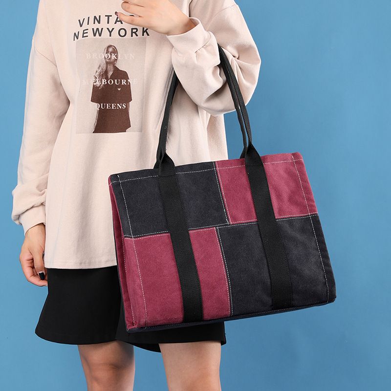 Women's Large Spring&summer Canvas Color Block Streetwear Square Zipper Tote Bag