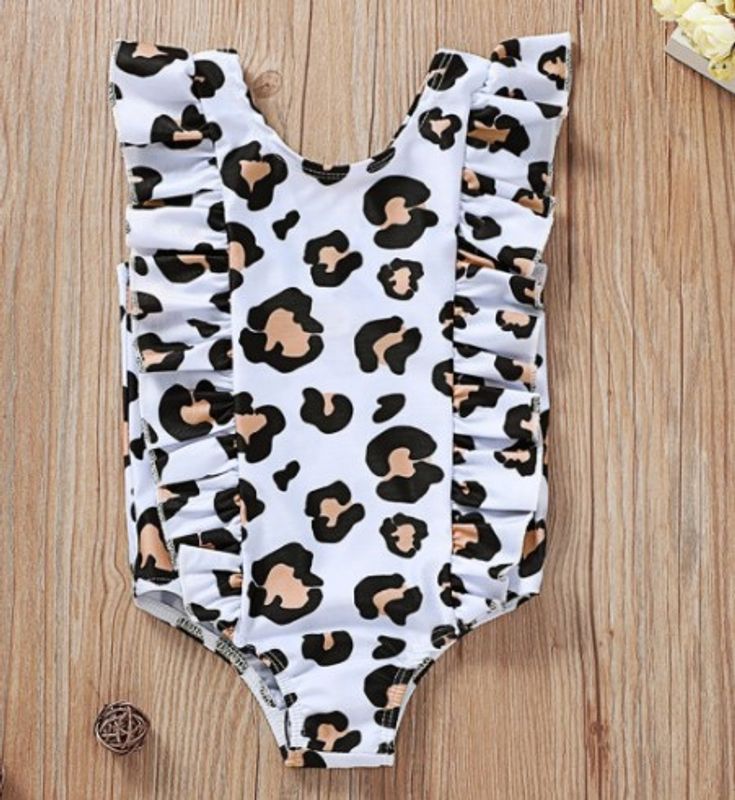 Retro Leopard Print Flounced Sleeve One-piece Swimsuit For Children