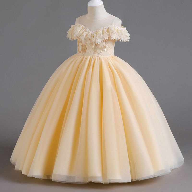 Elegant Romantic Solid Color Flower Pearl Polyester Girls Dresses