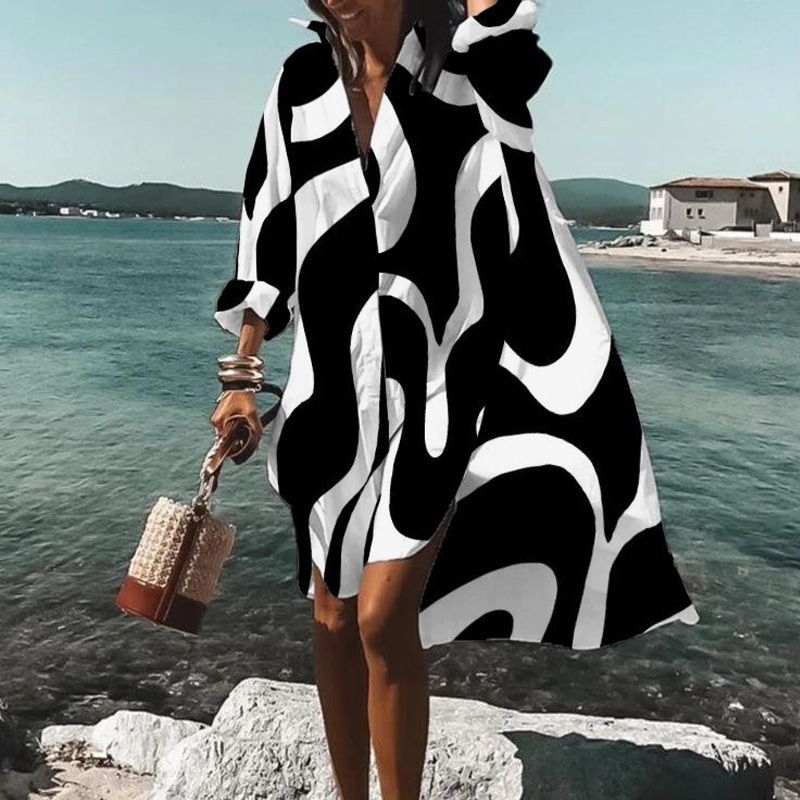 Women's Irregular Skirt Vacation Tropical Streetwear Turndown Long Sleeve Sunflower Color Block Above Knee Holiday Beach