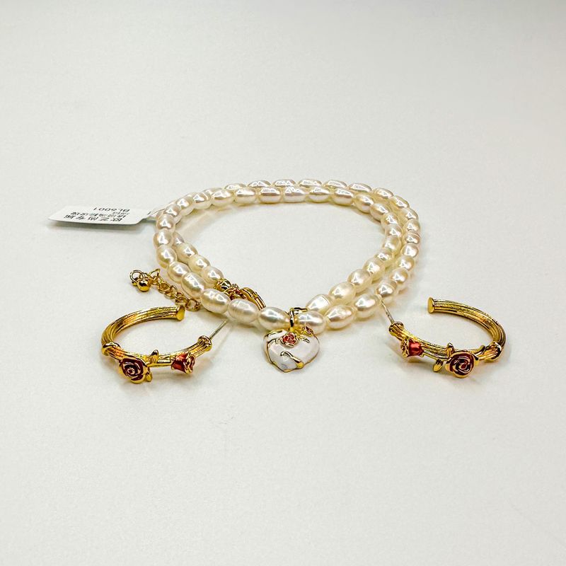 Retro Flower Freshwater Pearl Copper Enamel Plating Women's Earrings Necklace