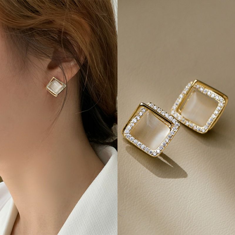 Elegant Square Alloy Opal Inlay Zircon Women's Ear Studs