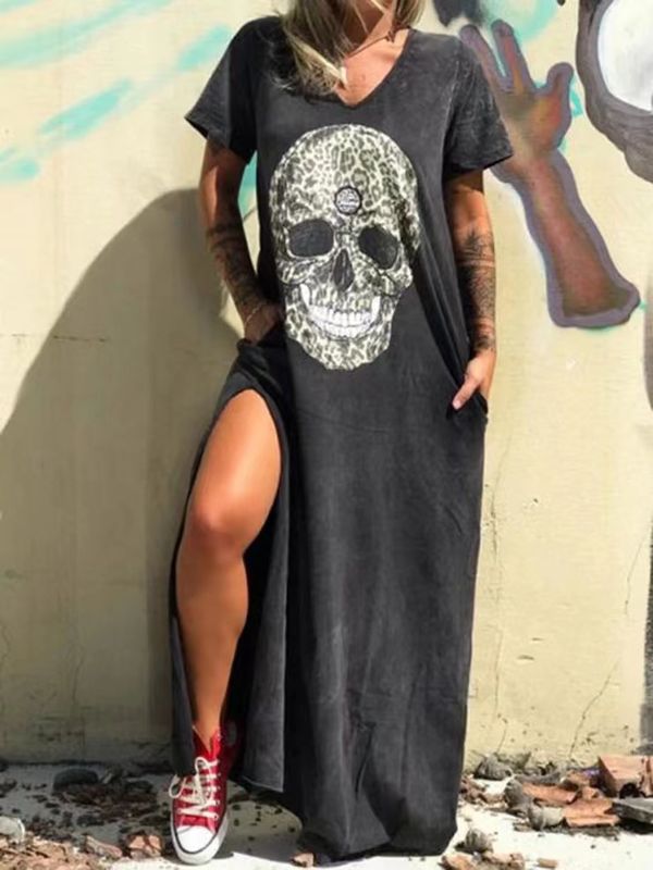 Femmes T-shirt Robe Punk Vêtement De Rue Col En V Impression Manche Courte Crâne Maxi Longue Robe Vacances Rue