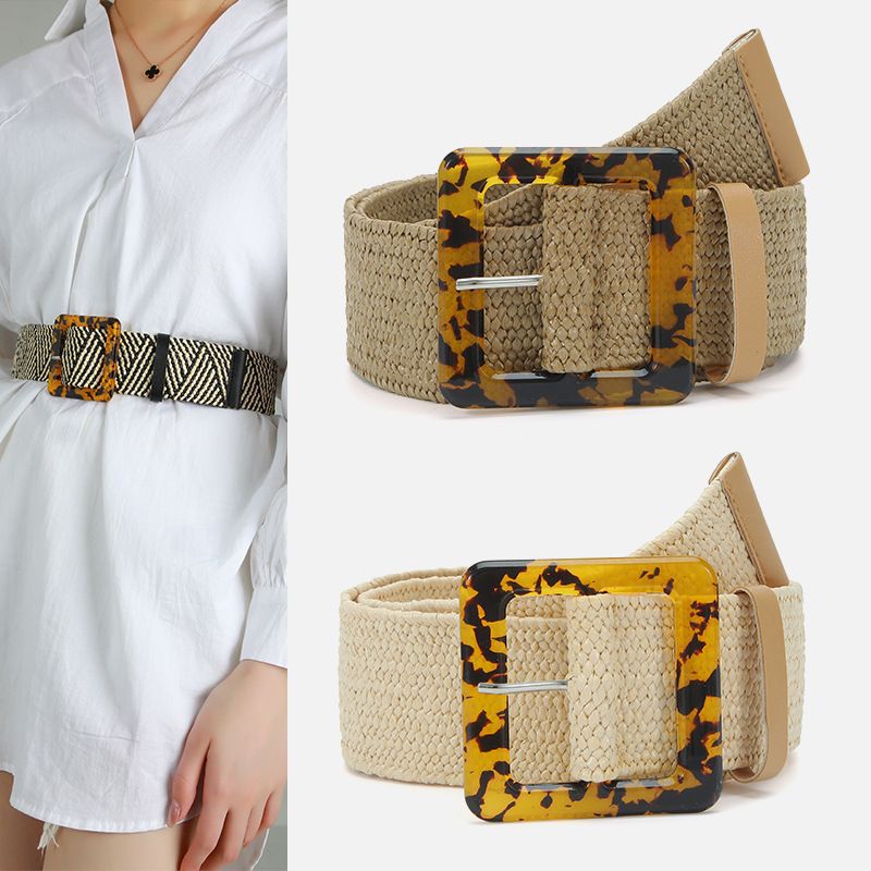 Casual Square Solid Color Resin Straw Patchwork Women's Woven Belts