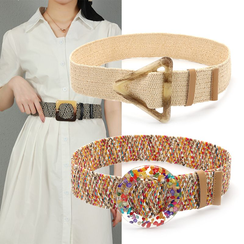 Bohemian Solid Color Plastic Straw Patchwork Women's Leather Belts