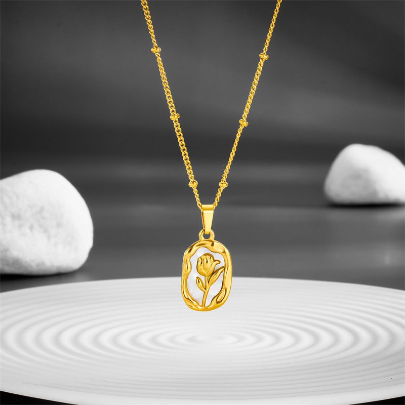 Titanium Steel 18K Gold Plated Sweet Flower Acrylic Pendant Necklace