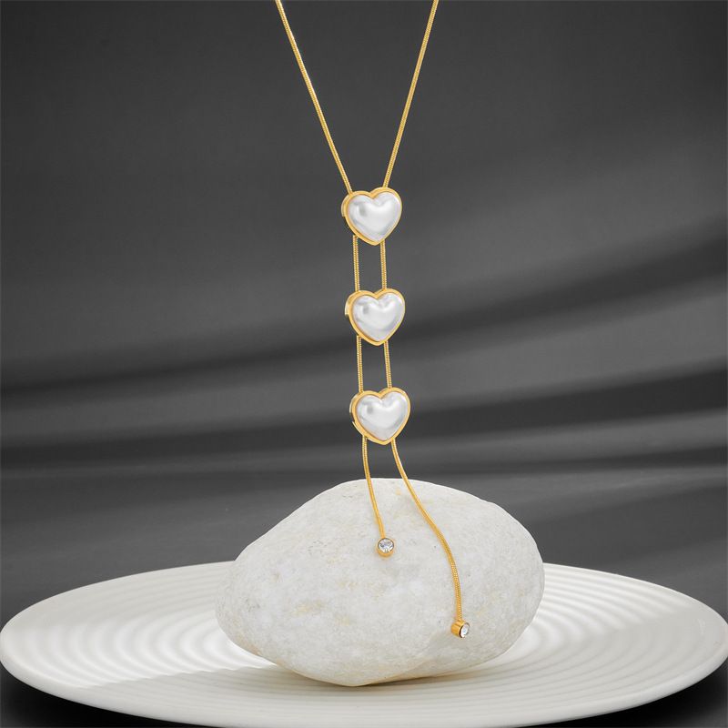 Titanium Steel 18K Gold Plated Sweet Simple Style Tassel Plating Inlay Heart Shape Pearl Zircon Pendant Necklace