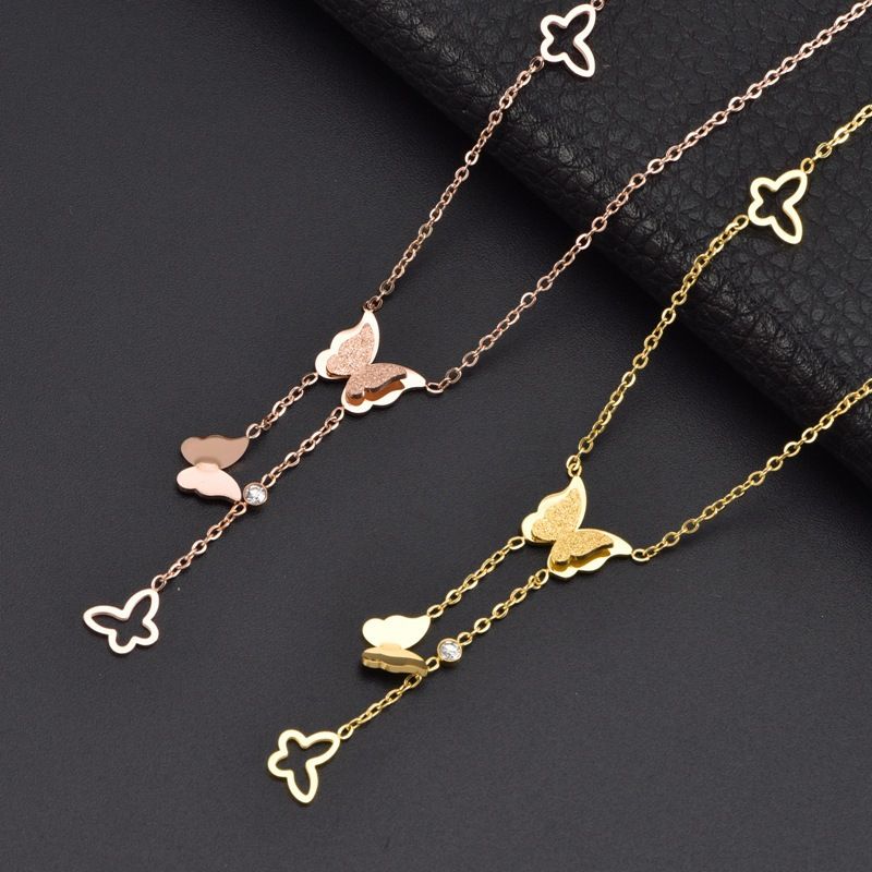 Titanium Steel 18K Gold Plated Lady Butterfly Rhinestones Pendant Necklace