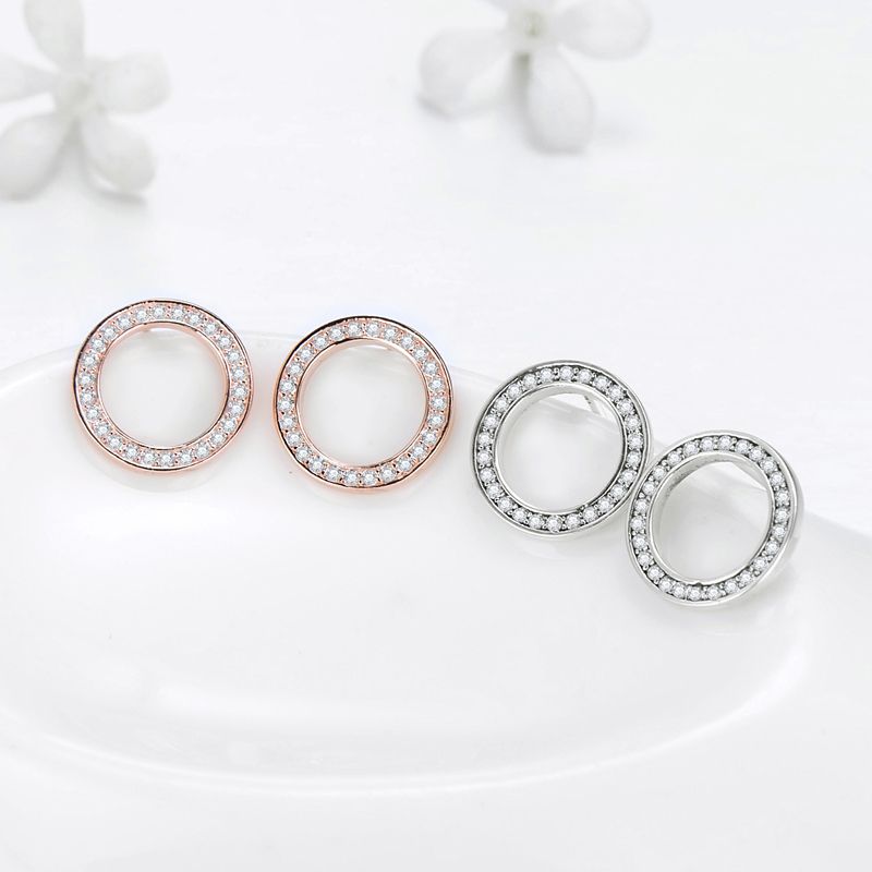 1 Pair Ins Style Simple Style Round Sterling Silver Inlay Zircon Rose Gold Plated Ear Studs