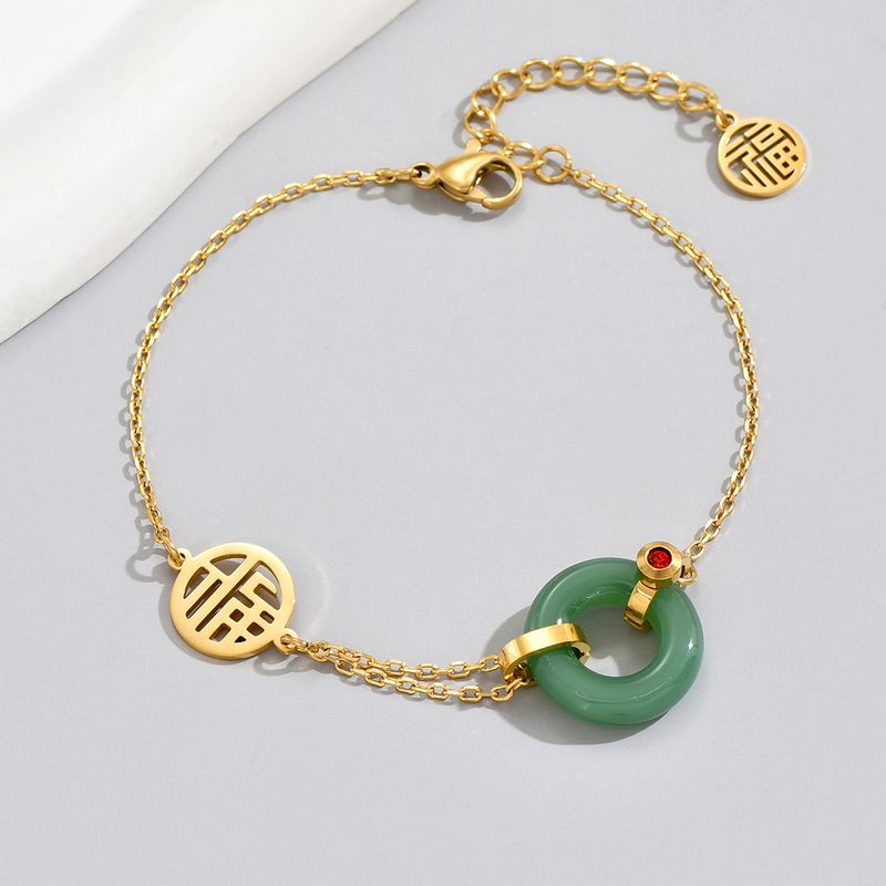 Chinoiserie Elegant Classical Chinese Character 304 Stainless Steel 14K Gold Plated Artificial Gemstones Bracelets In Bulk