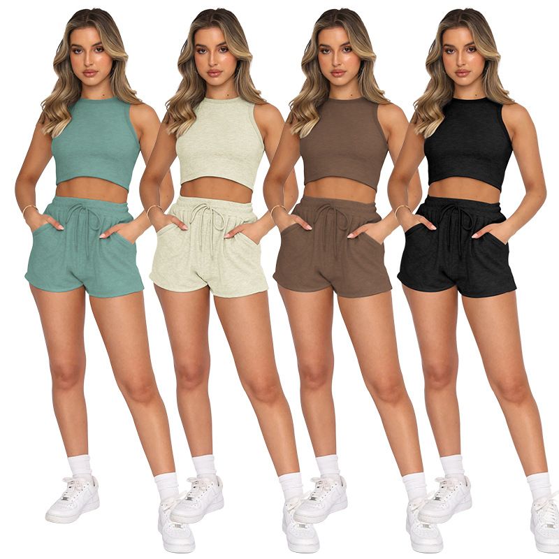Casual Solid Color Spandex Polyester Rib Fabrics Patchwork Shorts Sets