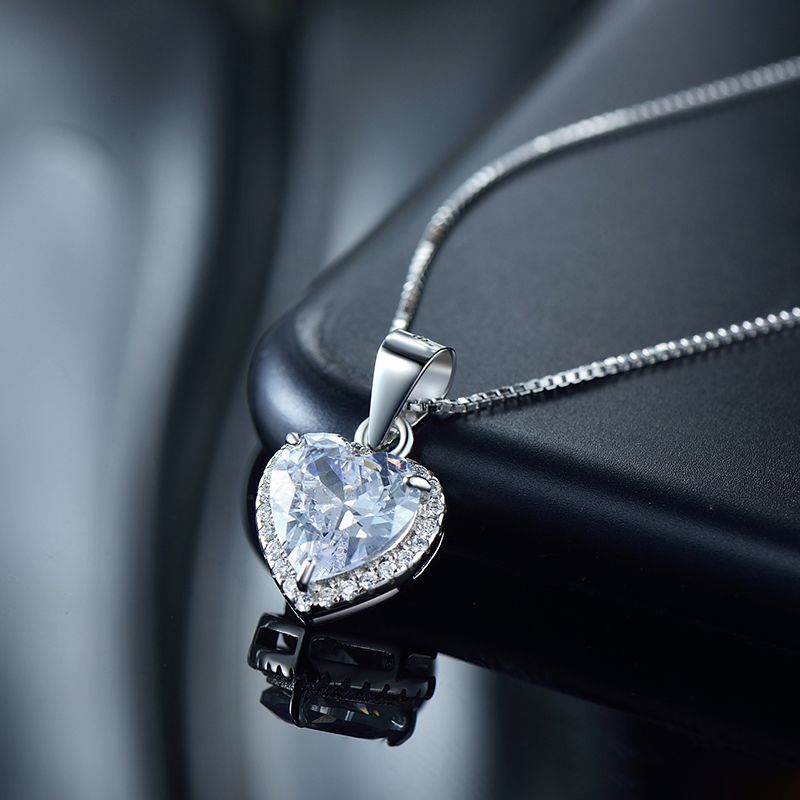 Ins Style Elegant Romantic Heart Shape Sterling Silver Plating Inlay Zircon Rhodium Plated Pendant Necklace