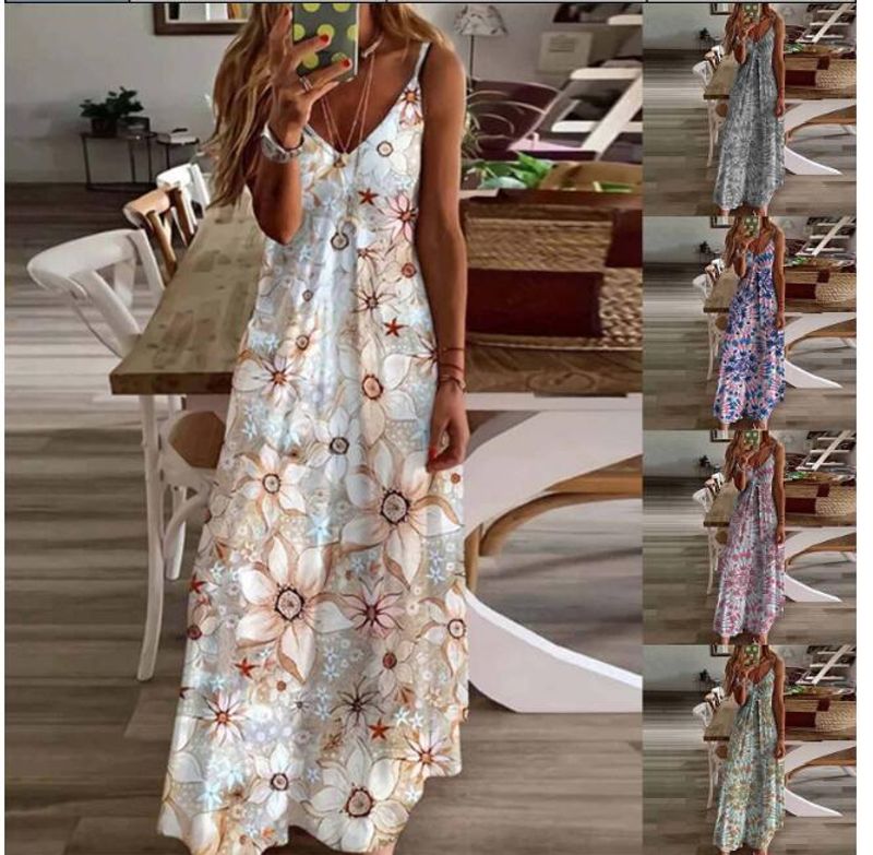 Women's Strap Dress Casual Vacation V Neck Printing Sleeveless Printing Flower Maxi Long Dress Daily