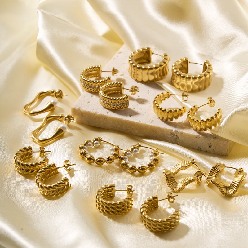 1 Pair Simple Style U Shape Plating Stainless Steel Artificial Pearls Rhinestones 18K Gold Plated Earrings