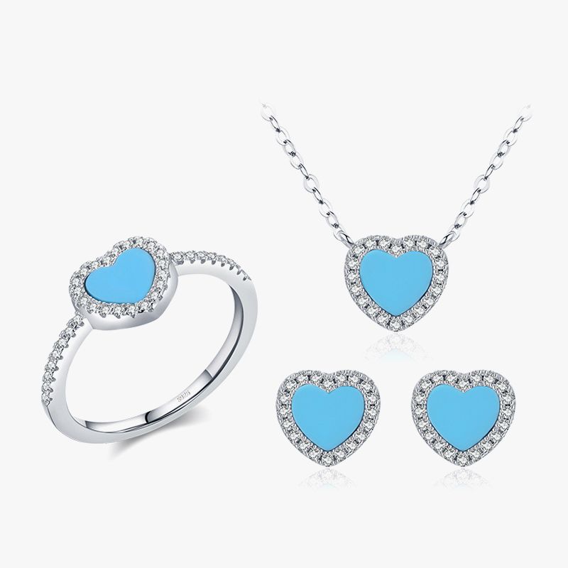 Elegant Heart Shape Sterling Silver Plating Inlay Turquoise Zircon 14k Gold Plated Rhodium Plated Rings Earrings Necklace