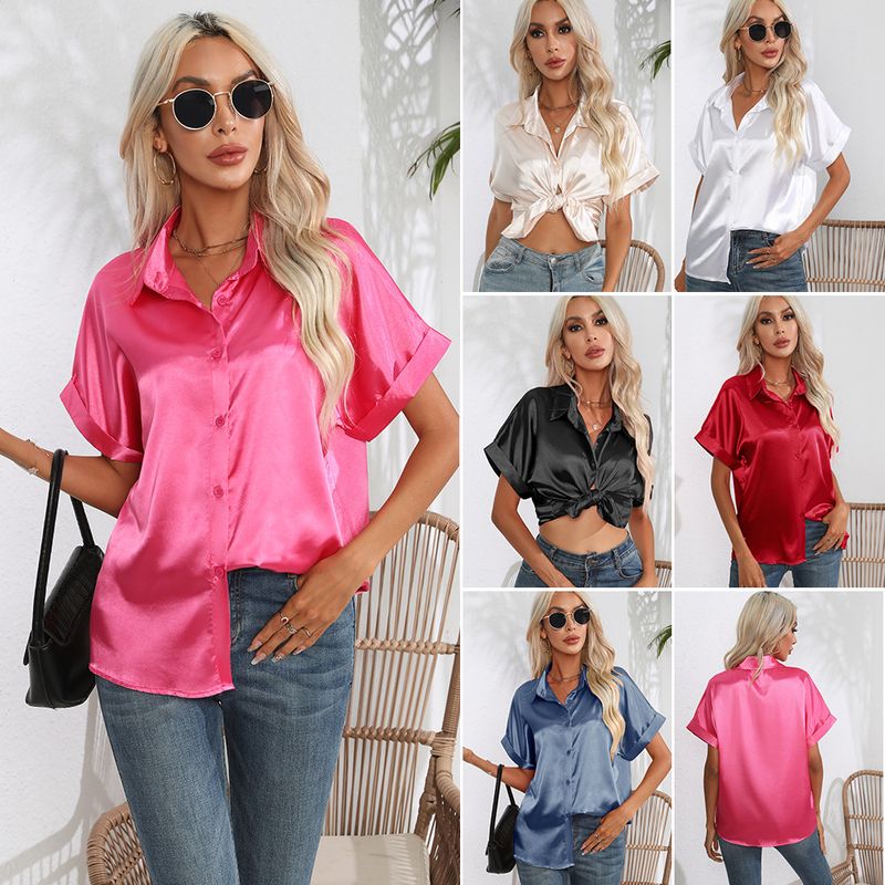 Women's Blouse Short Sleeve Blouses Button Simple Style British Style Solid Color