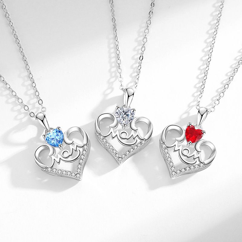 Sweet Letter Heart Shape Sterling Silver Plating Inlay Artificial Gemstones Pendant Necklace