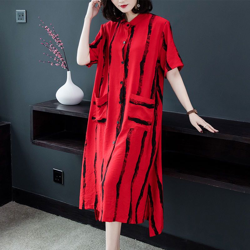 Frau Normales Kleid Tee-kleid Lässig Elegant Hemdkragen Gewaschen Kurzarm Spleißen Streifen Einfarbig Midi-kleid Zuhause Täglich