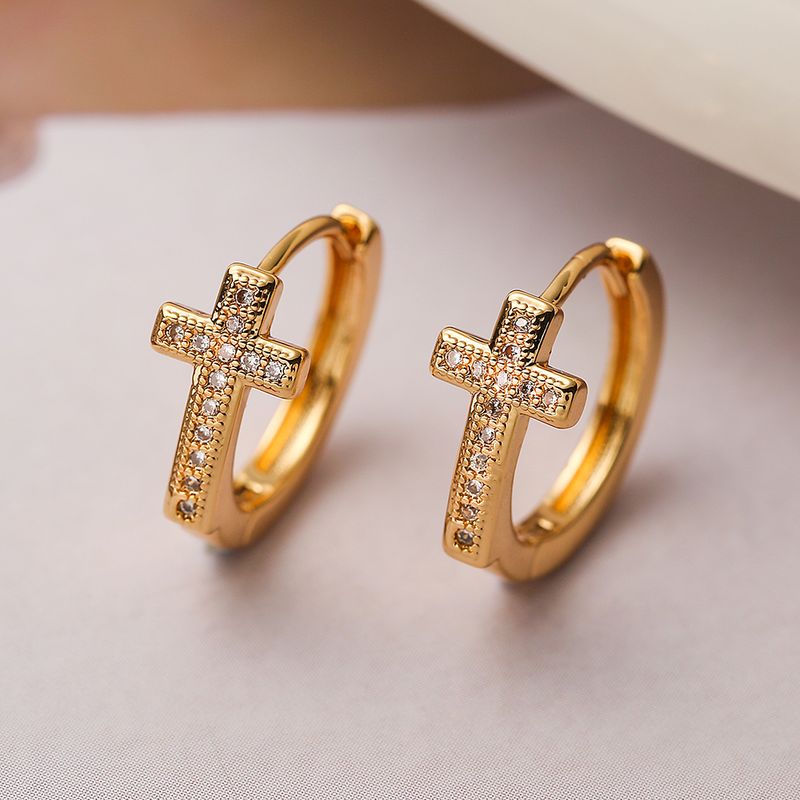 1 Paar Einfacher Stil Pendeln Kreuzen Krone Kupfer Überzug Inlay Zirkon 18 Karat Vergoldet Reif Ohrringe