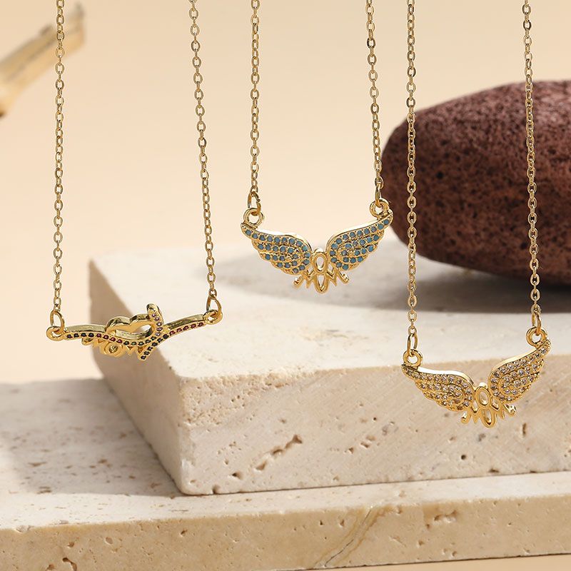Mama Letter Wings Copper 14k Gold Plated Zircon Pendant Necklace In Bulk