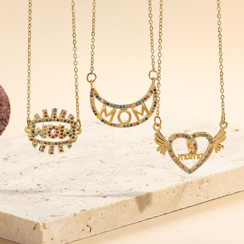 Elegant Mama Letter Heart Shape Copper 14k Gold Plated Zircon Pendant Necklace In Bulk