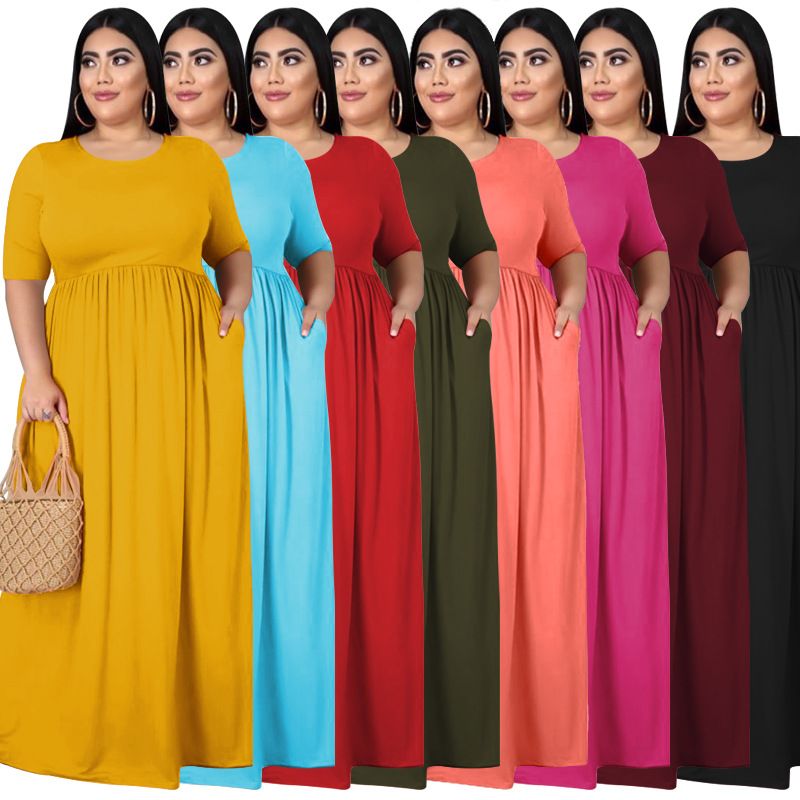 Commute Solid Color Round Neck Half Sleeve Rib-knit Maxi Long Dress Pleated Skirt
