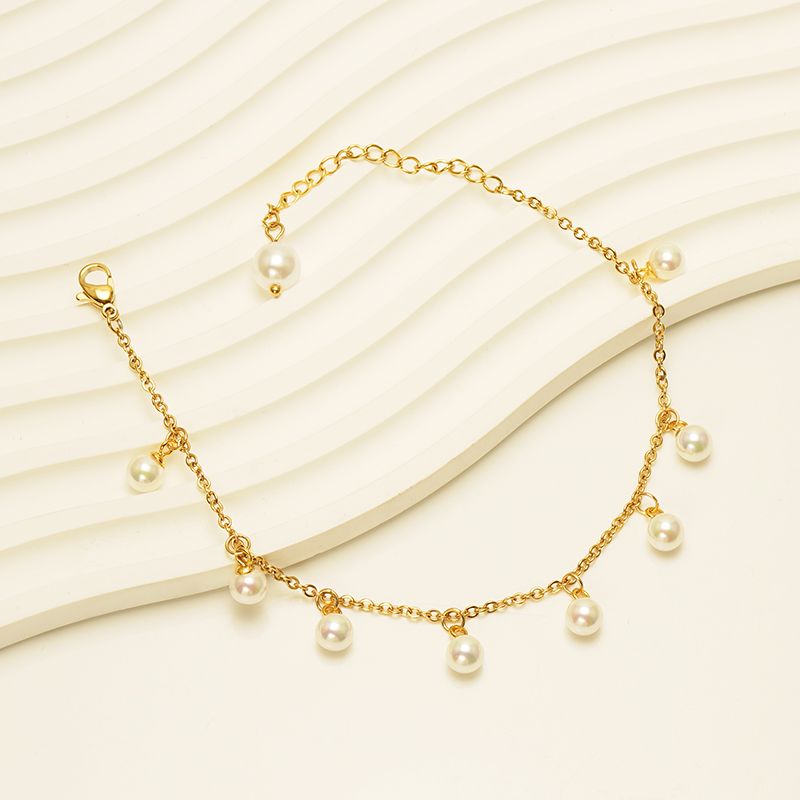 Casual Vacation Round 304 Stainless Steel Plating Artificial Pearls 18K Gold Plated Women'S Anklet