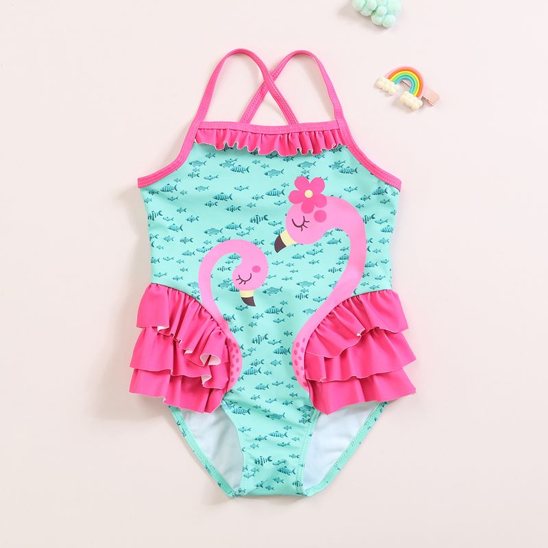 New Girl's One-piece Swimming Suit Cute Lotus Leaf Flamingo Baby Girl Comfortable High Elastic High Quality Swimwear