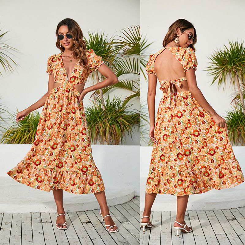 Bohemian Flower V Neck Short Sleeve Zipper Patchwork Midi Dress Irregular Skirt