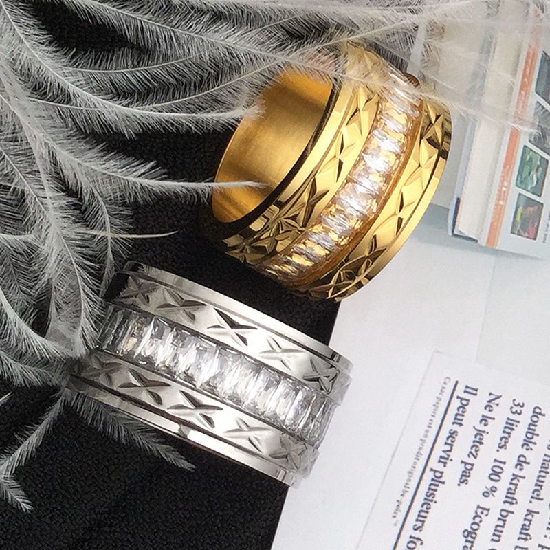 Ins Style Geometric Titanium Steel Inlay Rhinestones 18k Gold Plated Unisex Wide Band Ring