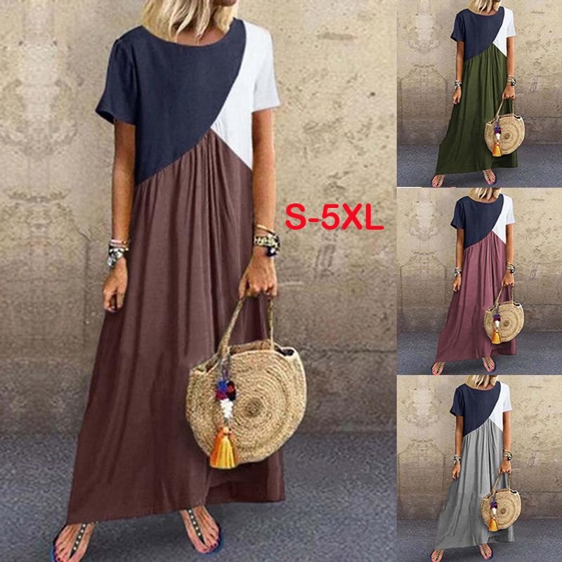 Women's Regular Dress Casual Vintage Style Round Neck Patchwork Washed Short Sleeve Solid Color Maxi Long Dress Casual Daily