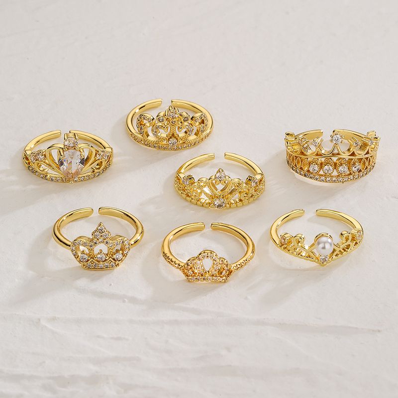 Klassischer Stil Pendeln Krone Kupfer 18 Karat Vergoldet Zirkon Offener Ring In Masse