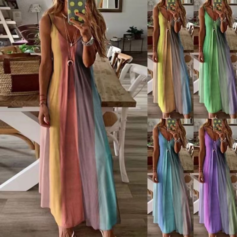 Women's A-line Skirt Ethnic Style V Neck Printing Sleeveless Color Block Maxi Long Dress Daily