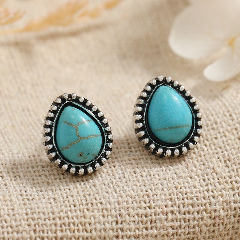 1 Pair Ethnic Style Water Droplets Alloy Inlay Turquoise Ear Studs