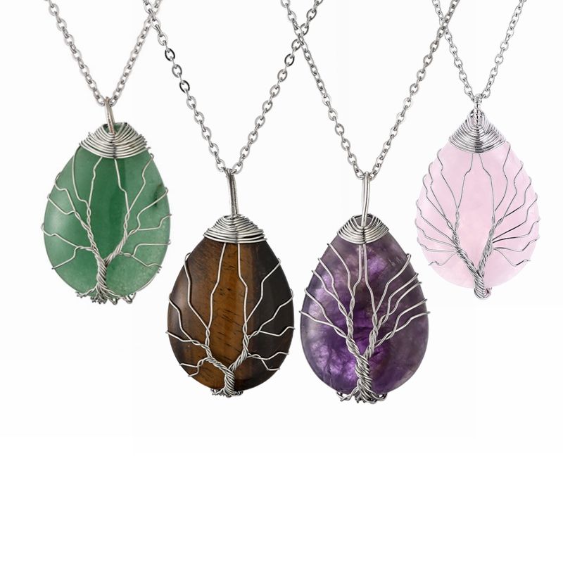 Retro Simple Style Tree Water Droplets Stainless Steel Natural Stone Agate Pendant Necklace In Bulk