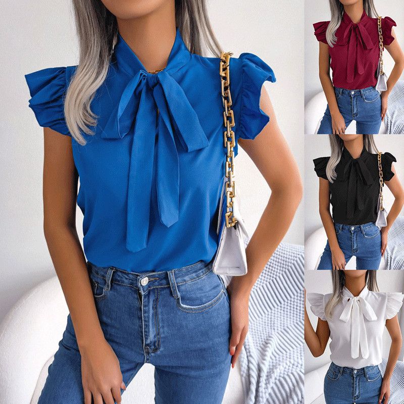 Women's Blouse Short Sleeve Blouses Bowknot Preppy Style Solid Color