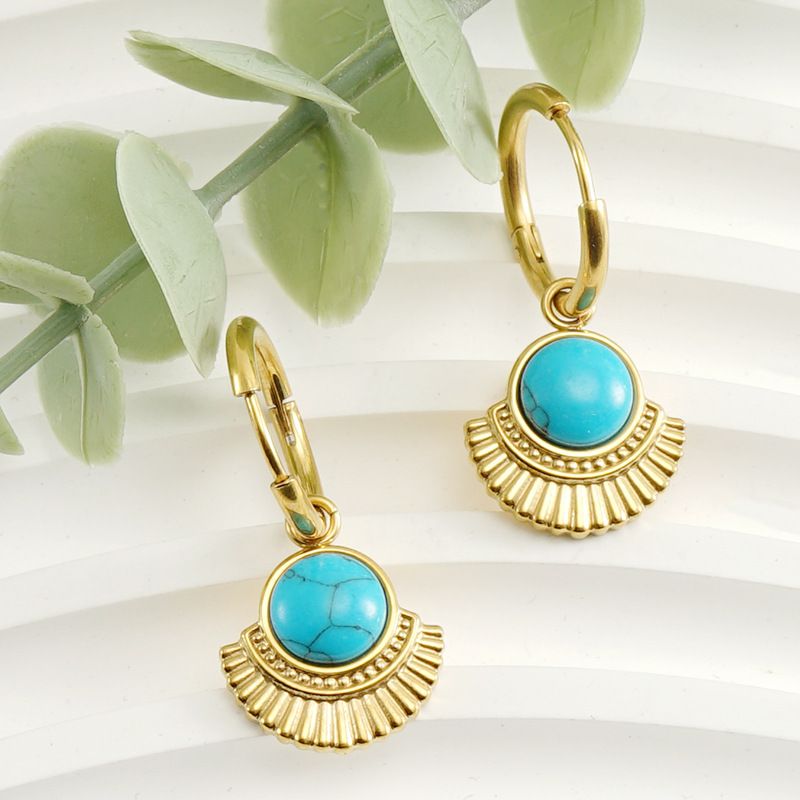 1 Pair Simple Style Round Sector Plating Inlay 304 Stainless Steel Turquoise 18K Gold Plated Drop Earrings