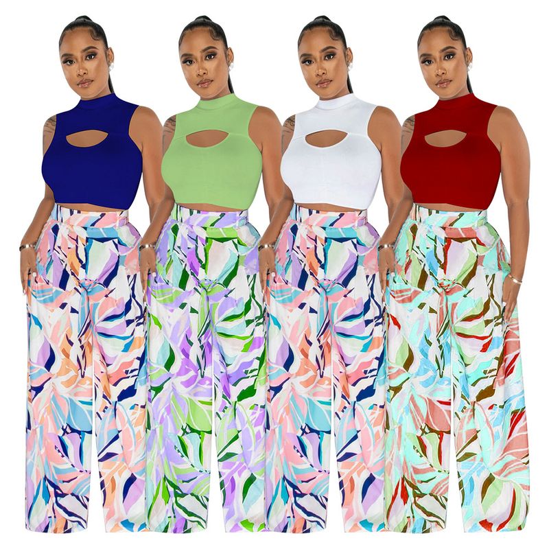 Women's Sexy Streetwear Color Block Polyester Printing Hollow Out Pants Sets
