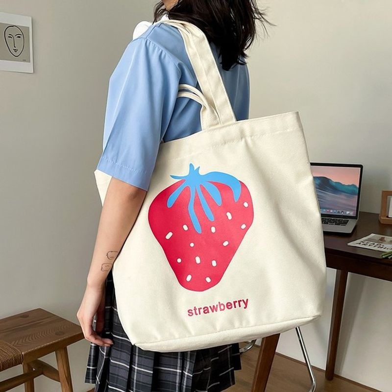 Women's Large All Seasons Canvas Letter Strawberry Basic Square Zipper Canvas Bag