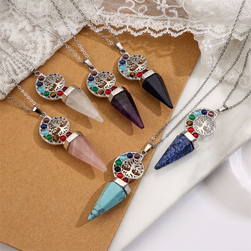 Casual Vacation Tree Stainless Steel Plating Hollow Out Inlay Natural Stone Crystal Pendant Necklace Long Necklace