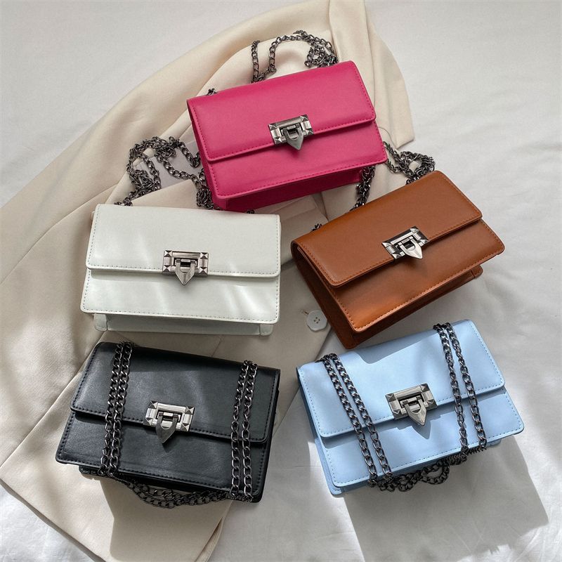 Women's Pu Leather Solid Color Classic Style Square Lock Clasp Shoulder Bag Crossbody Bag