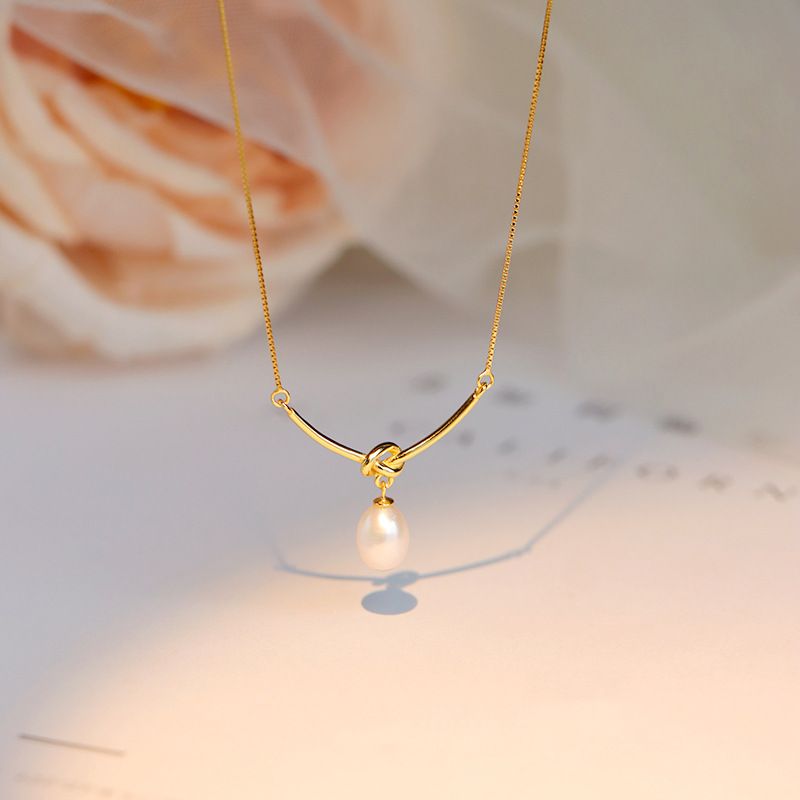 Einfacher Stil Wassertropfen Knoten Sterling Silber Perle Überzug Süßwasserperle Halskette Mit Anhänger