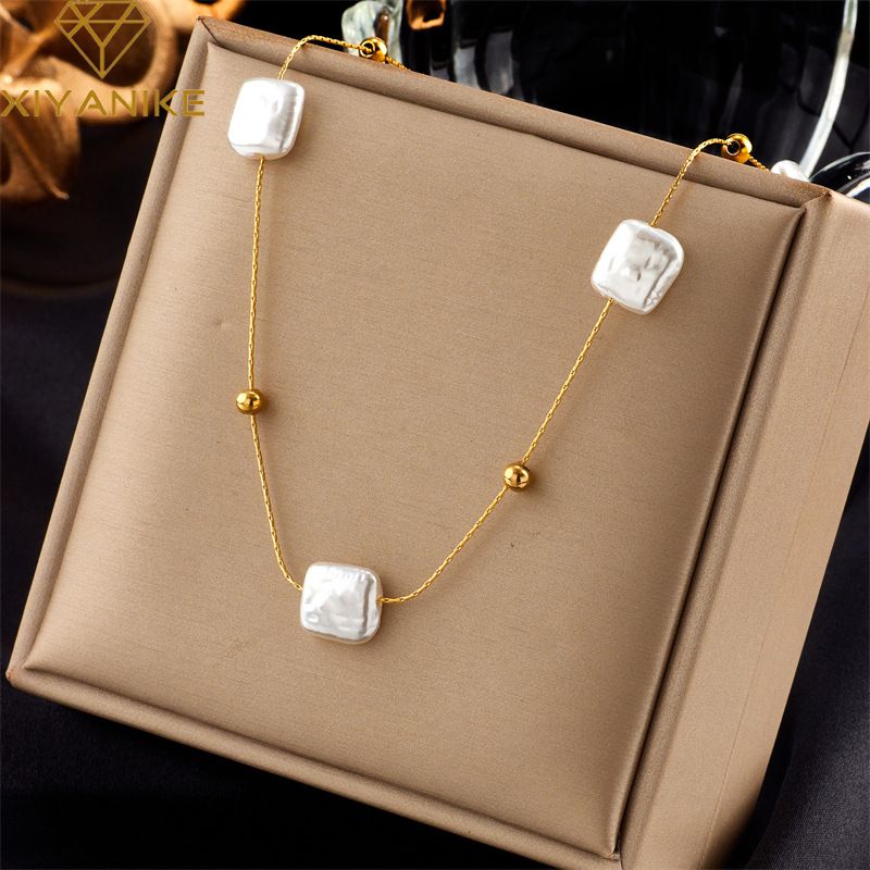 304 Stainless Steel 18K Gold Plated Baroque Style Beaded Plating Square Plastic Necklace