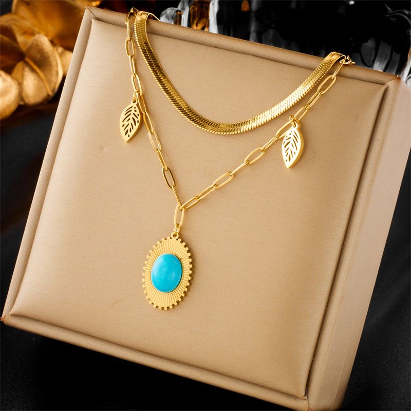 304 Stainless Steel 18K Gold Plated Vintage Style Plating Hollow Out Inlay Leaves Resin Layered Necklaces